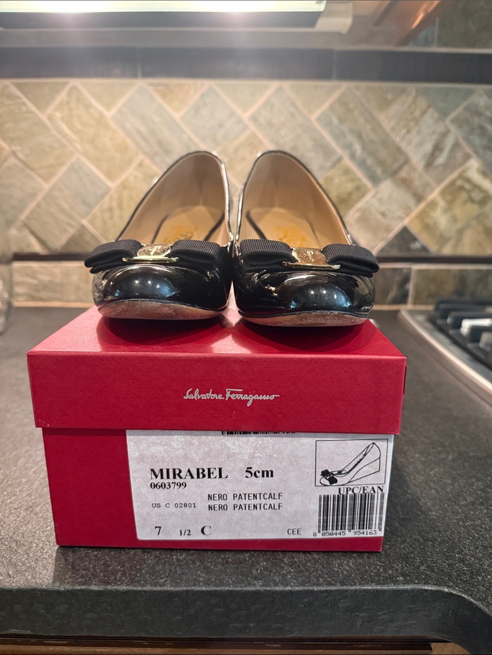 Salvatore Ferragamo Black Patent Mirabel Bow Ballet Flats 7.5C Mirabel